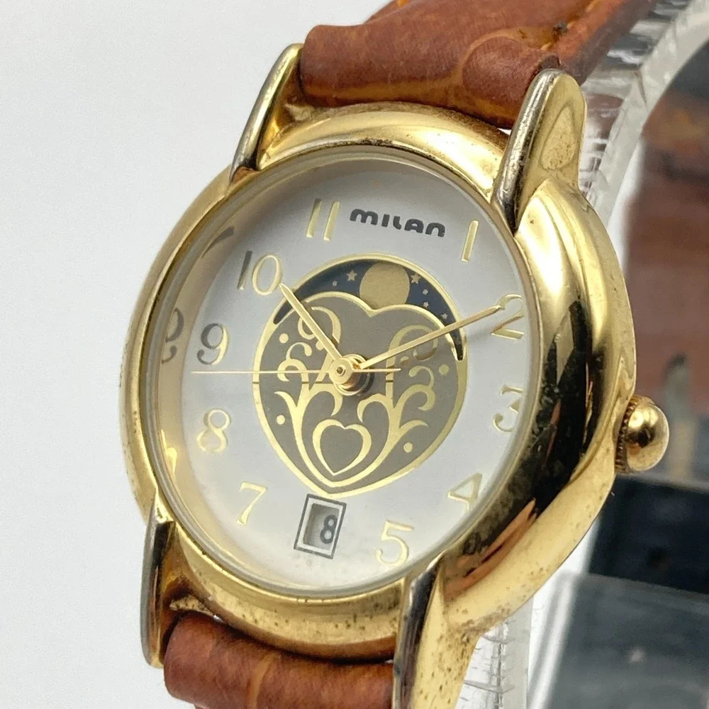 Milan Women's Moon Phase Watch Gold Tone Date 25mm Heart New Battery SMALL 7.5